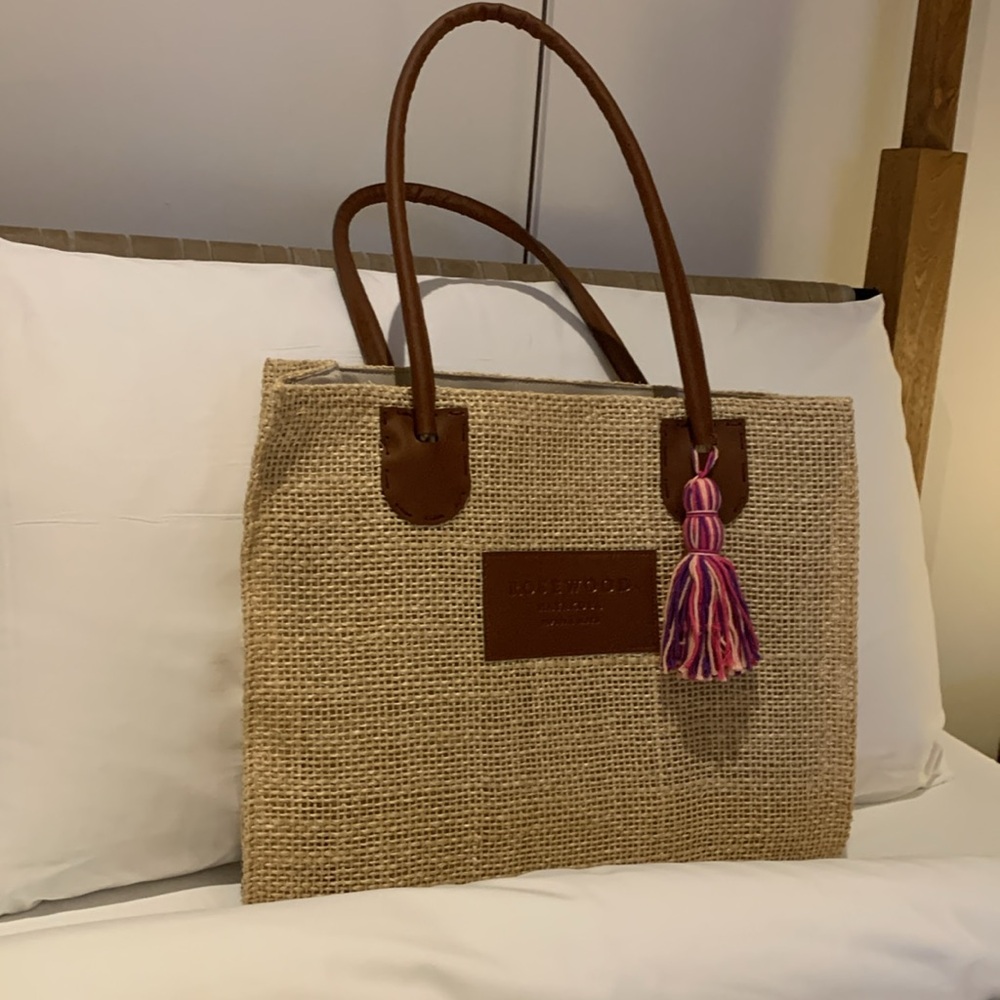Stylish Tan Tote beach , vacation Bag with Brown leather Accents, must have !